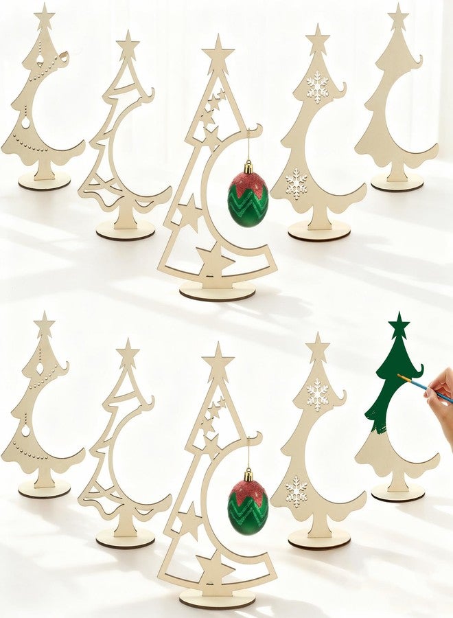 Dunzoom 10 Pcs 10.7Inch Christmas Ornament Display Tree 5 Styles Wooden Stand for Baubles Christmas Tree Shaped Display Stand Holder Tabletop Decor for DIY Coloring Ornament Holder Holiday Party - Image 1